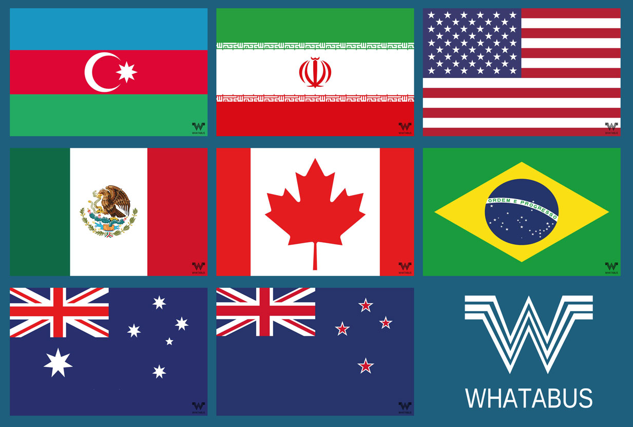 8 neue Flaggen Aserbaidschan, Iran, USA, Mexiko, Kanada, Brasilien,  Australien, Neuseeland je 8,5 x 5,5 cm